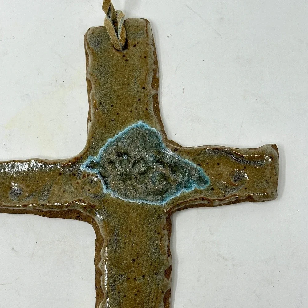 Artisan Studio Pottery Ceramic Wall Cross Melted Glass Geode Center Brown Teal